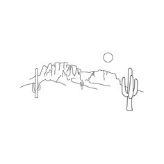 a line drawing of a desert landscape with cactus trees and mountains in the back ground