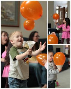 a collage of photos shows a young boy playing with orange balloons and other people watching