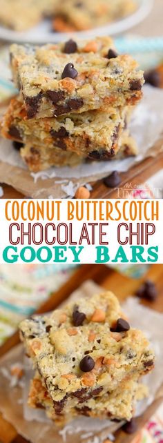 chocolate chip cookie bars are stacked on top of each other with the words, coconut butterscotch chocolate chip gooey bars