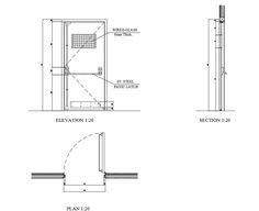 three drawings showing the different sections of a door and window, with measurements for each section