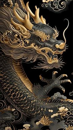 a black and gold dragon with clouds in the sky behind it on a black background