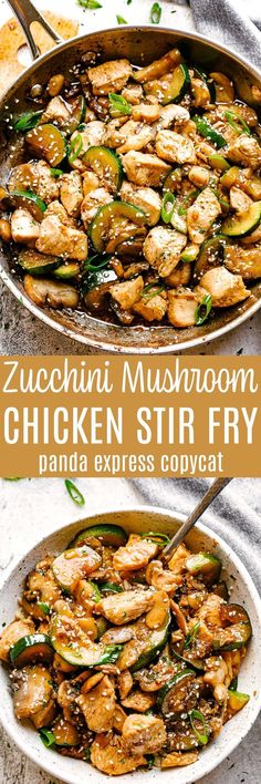 chicken stir fry with zucchini and mushrooms in a pan