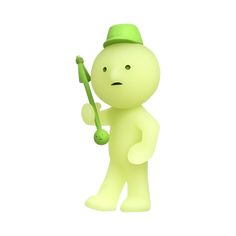 a cartoon character holding a green object in his right hand and looking at the camera