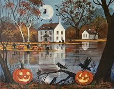 a painting of halloween pumpkins by a lake with a house in the background and two crows flying over it