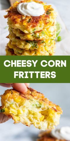 cheesy corn fritters with sour cream on top are the perfect appetizer