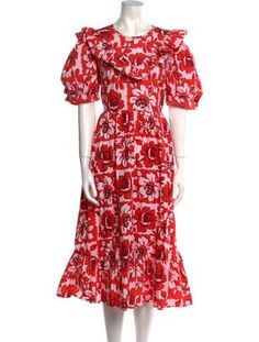 Batsheva x Laura Ashley A-Line DressRedFloral PrintPleated & Ruffle AccentsShort Sleeve with Crew NeckConcealed Zip Closure at Back Midi Length Dress, Accessories Jacket, Laura Ashley, Outerwear Sweater, Shirt Accessories, Shoulder Sweater, Hoodie Dress, Sweater Accessories, Jacket Tops