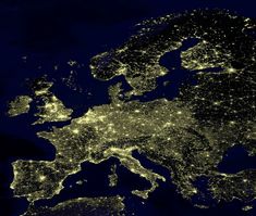 the night lights of europe are shown in this satellite image taken from space, showing cities and roads