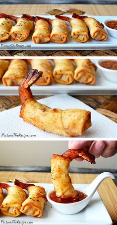 bacon wrapped spring rolls on a white plate with dipping sauce in the middle and then being dipped