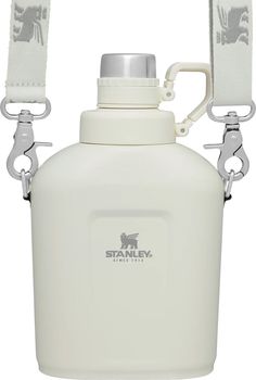 a white flask with two straps attached to it's side and the word stay strong on top