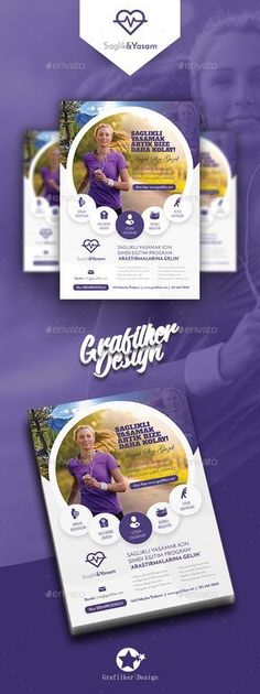 a purple and white flyer with an image of a woman on the front, side and back