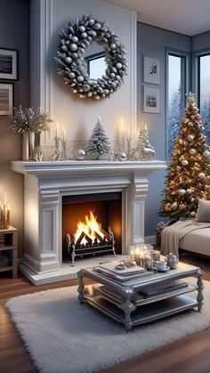 a living room filled with furniture and a fire place covered in christmas tree decorations on top of a hard wood floor