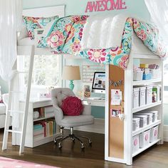 a white loft bed with desk and chair underneath it, on sale for $ 399 00