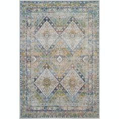 a multicolored area rug with an ornate design on the center and bottom corner