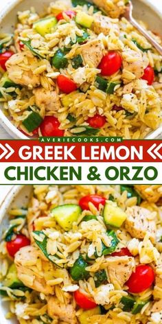 greek lemon chicken and orzoni salad in two bowls