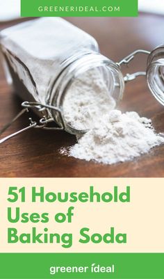 there is a glass jar with baking soda in it and the words, 51 household uses of baking soda