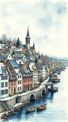 a watercolor painting of a town by the river