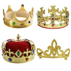 PRICES MAY VARY. Your costume of royalty is totally improved with this amazing 4 pack of king crown in various styles. Costume accessory set comes with 3 assorted gold costume crowns, and one costume tiara. Crowns are decorated with colorful jewels. Tiara is a beautiful sparkly headpiece. Perfect for Halloween, and office parties, this is an easy favorite Dress up like a royal king or queen with this amazing pack of costume hats that is sure to make your party better. Your costume of royalty is Crowns Royal, King Crowns, King Queen Prince Princess, Boy Crown, Gold Crowns, King Dress, Royal Costume, King Costume, Prince Crown