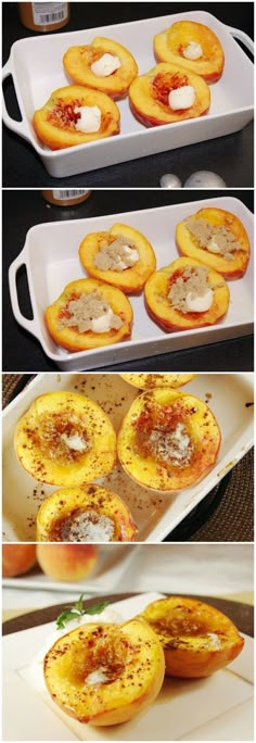 the process of making mini peaches with cheese and seasoning on them is shown in three different stages