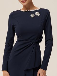 Elevate your look with Fehaute's Navyblue Midi Dress. Its Urban Rhinestone design insures you stand out at Party events. Get your exclusive style and show effortless elegance now. Classy Dresses Elegant, Gowns Mother Of The Bride, Mom Of Bride, Dama Dresses, Business Attire Women, Bob Hairstyles For Thick, Professional Clothing, Classy Dresses, Elegant Dresses Classy