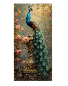 a painting of a peacock sitting on top of a vase with flowers in the background