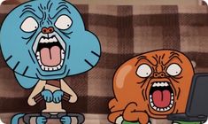 two cartoon characters sitting on a couch with their mouths open and one is using a laptop