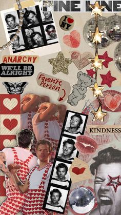 a collage of photos and stickers with words on them