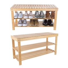 two wooden shelves with shoes on them