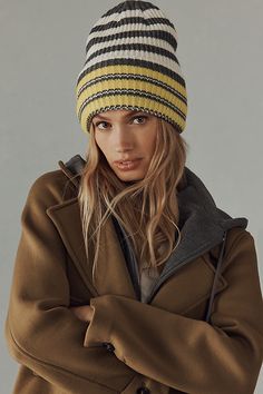 100% acrylic Hand wash Imported | Ribbed Stripe Beanie by Anthropologie, Women's, Acrylic Striped Beanies, Women's Beanie, Winter Hats For Women, Color Inspo, Crochet Beanie, Beanie Hats, Hats For Women, Knitted Hats, Style Me