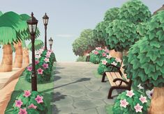 a painting of a park with benches and flowers on the ground next to palm trees