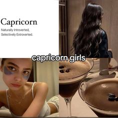 the caption for capricorn is shown in three different pictures, including a woman and a sink