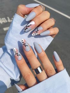 Elevate Your Style with 24pcs Long Almond Blue Solid Matte Leaf Print Color Block Fake Nail & 1sheet Tape & 1pc Nail File Her Nails, Casual Nails, Blue Nail, Prom Nails, Chic Nails, Nail Arts, Best Acrylic Nails, Nail Polishes, Gorgeous Nails