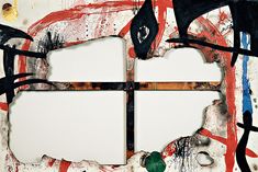 an abstract painting with multiple frames and paint splattered on it