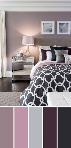 a bedroom with purple and grey colors in the walls, bedding and nightstands