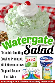 an advertisement for watergate salad with whipped cream and yogurt