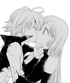 two anime characters kissing each other with their faces close to one another, while the background is black and white