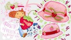 three crocheted hats are shown in pink and green, one with strawberries on it