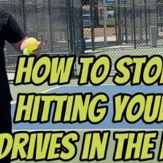 a man holding a tennis racquet on top of a tennis court with the words how to stop hitting your balls in the net