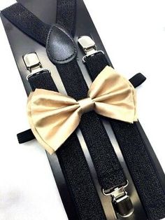 New Champagne Gold Bow Tie and Black Suspender set Tuxedo Formal Men  USA SELLER  | eBay Chambelanes Outfits, Champagne Bow Tie, Gold Tuxedo, Grey Suspenders, Gold Bow Tie, Mens Wedding Attire, Glitter Champagne, Formal Men, Tie Matching