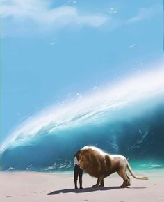 an animal standing on top of a sandy beach next to a large wave in the ocean