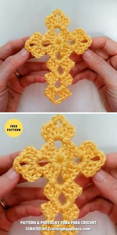 two pictures showing how to crochet the pattern for an ornate cross with flowers