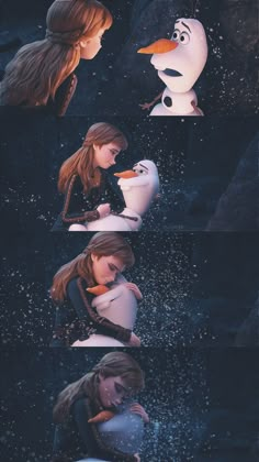 the frozen queen and snowman are kissing in front of each other, with their arms around each other