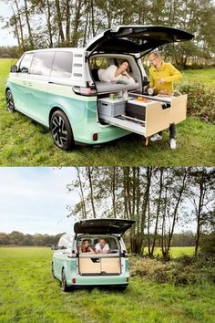 two pictures of people sitting in the back of a van with an open hatchback