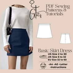 a woman wearing a white top and blue skirt with the text, sewing patterns & tutors basic skirt dress uk size 6 to 32 eu