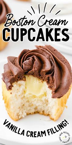 a close up of a cupcake on a plate with the words boston cream cupcakes