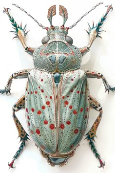 a bug that is sitting on top of a white surface with red and green designs