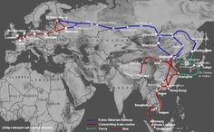 the world's silk route is shown in black and white, with blue lines running through it