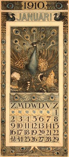 an old calendar with peacocks on it and numbers in the middle, as well as dates