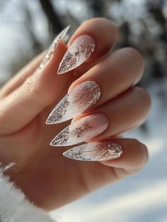 Winter Acrylic Nails: Top 2025 Trends to Keep Your Mani Cozy and Glamorous Nails Trends Winter, Christmas Nails Extravagant, Almond Shaped New Years Nails, How To Do Icicle Nails, Clear Nails White Design, Nail Ideas Xmas, Winter Solstice Nails Art Designs, Frosty Winter Nails, Nail 2025 Trends