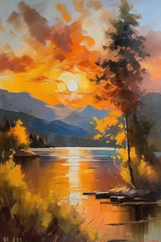 an oil painting of a sunset over a lake