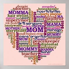 the word mom written in many different languages on a pink background with an apple shape